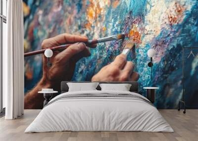 Artist Painting with Two Brushes on a Canvas Wall mural