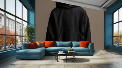 black african american male model wearing a black heavyweight cotton blank oversize hoodie, baggy blue jeans, clothing mockup Wall mural