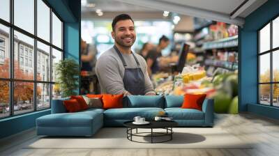 Busy retail checkout counter with a smiling cashier and a line of satisfied customers.  Wall mural