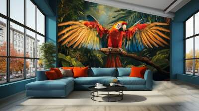 Colorful parrot perched on a branch, spreading its wings against a backdrop of lush tropical foliage, vibrant and eye-catching Wall mural