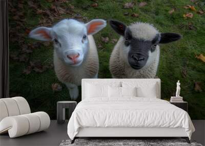 Cute Images - Two young lambs standing on grass among fallen leaves. Wall mural