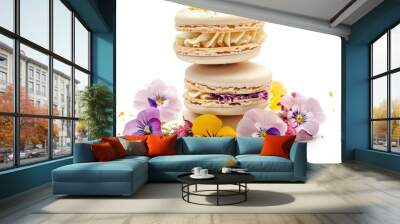 Edible flower macarons photo on white isolated background Wall mural