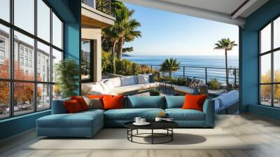 Elegant coastal home with a spacious balcony, ocean view, stylish outdoor furniture, palm trees, relaxed and upscale vibe Wall mural