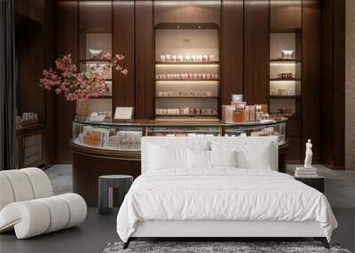 Elegant retail counter with a featured product and high-end packaging in a sophisticated store environment.  Wall mural