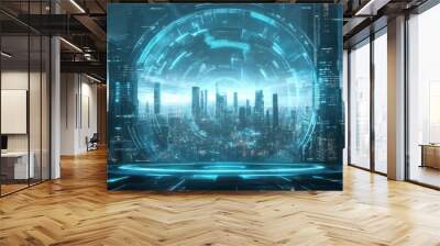 Futuristic Cityscape with Digital Interface Wall mural