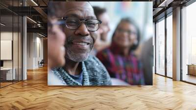 Group therapy and support. middle aged African American man iwith eye glasses. A group of people around support him. Wall mural