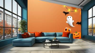 halloween sale banner design with pumpkin, ghost, bat and balloons on orange background Wall mural