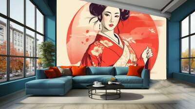 japanese pretty kimono girl flat illustration drawn in adobe illustrator. Generative AI Wall mural