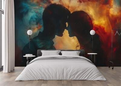 Man and woman silhouettes at abstract cosmic background. Human souls couple in love. Astral body, esoteric and spiritual life concept. Wall mural