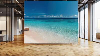 panoramic view of the white sandy beach with two wooden sunbeds under an umbrella space for text or advertising Wall mural