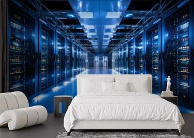 Photo of a high-tech data center with rows of servers and advanced cooling systems. Generative AI Wall mural