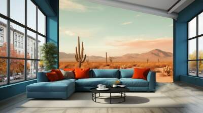 Photo of a serene desert landscape with cacti. Generative AI Wall mural