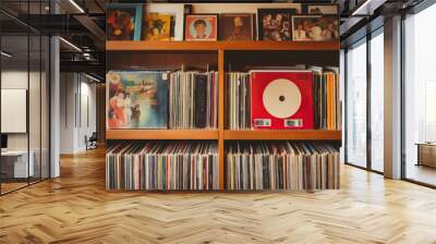 Photo of a vintage record collection on a shelf. Generative AI Wall mural