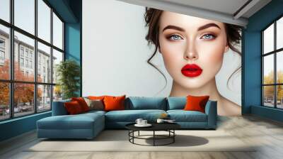 Pretty woman focused on a striking red lip color with bold elegance: Adding bold sophistication, she showcases a red lip elegance. photo on white isolated background Wall mural