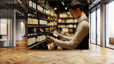 Retail employee arranging a selection of premium wines in a sophisticated wine and spirits shop Wall mural