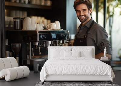 Smiling salesperson demonstrating a premium espresso machine in a sleek cafÃ© setting, bright solid background, focusing on quality and design Wall mural