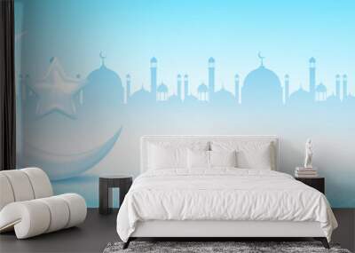 white and blue islamic background with 3d crescent, stars and mosque silhouette. vector illustration Wall mural