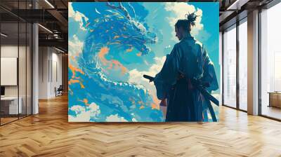  anime man in a kimono robe and a dragon background Wall mural