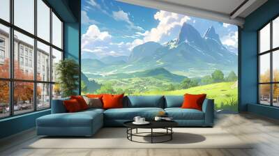 2d illustration of an amazing beautiful green mountain Wall mural