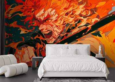 angry flame haired anime man screaming while holding katana Wall mural