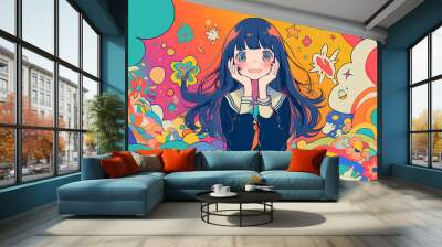 anime beautiful happy girl psychedelic background Wall mural