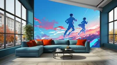 anime boy and girl running from behind lighting Wall mural