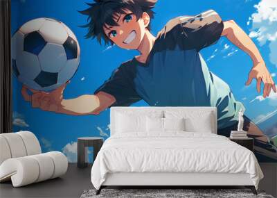 anime boy playing soccer, kicking ball field background Wall mural