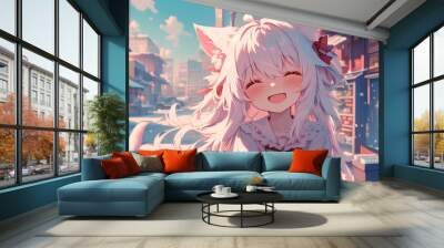 anime cat ear girl smiling happily Wall mural