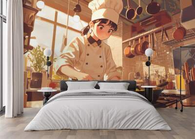 anime female chef cooking in restaurant kitchen Wall mural