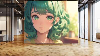 anime girl with curly wavy green hair, anime style Wall mural