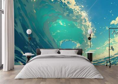 anime visualization of surfing waves Wall mural