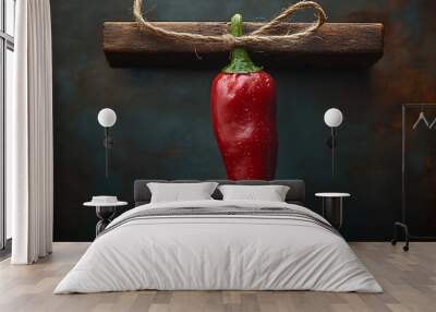 Big red chilies tied with rope, photo artwork photographing detailed chilies Wall mural