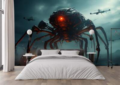 big spider alien robot in the sky with and modern surrealism people, generative ai Wall mural