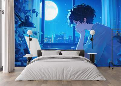 boy is opening laptop in room, anime style Wall mural