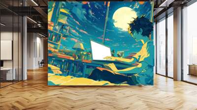 boy is opening laptop in room, anime style Wall mural