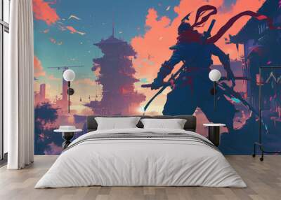 Cool 2d illustration of a modern ninja Wall mural