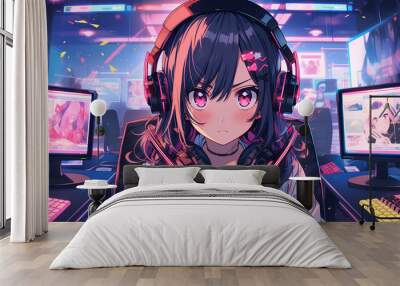 cute anime girl seriously playing game Wall mural