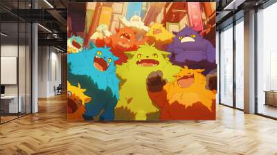 cute round furry monster full of color, happy and enthusiastic, Anime style Wall mural