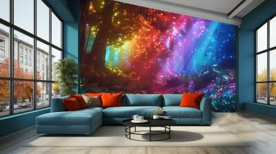 Deep in a forest of unique psychedelic trees. neon rainbow light. the mystical lighting is truly enchanting Wall mural