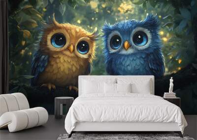 detailed illustration of two colorful baby owls perched on a tree branch Wall mural