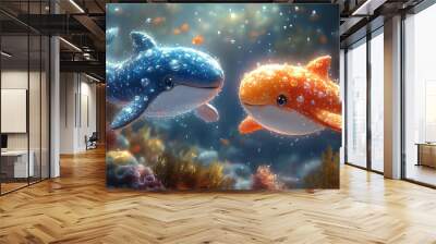 detailed illustration of two cute blue and yellow baby whales Wall mural