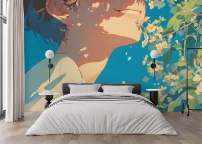 handsome anime young man face putting flower in his mouth, flower garden background Wall mural