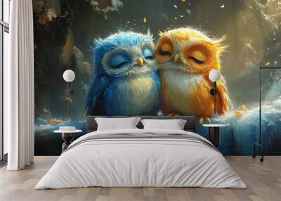 illustration detail print of two cute colorful baby owls on nature background Wall mural