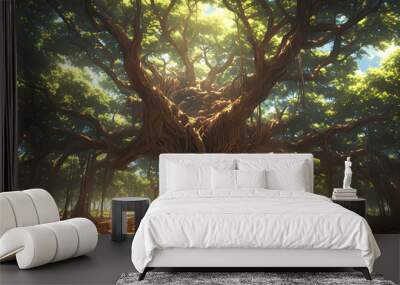 illustration of a beautiful and large banyan tree Wall mural