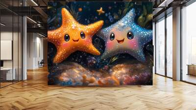 Illustration of cute two baby starfish print sea background Wall mural