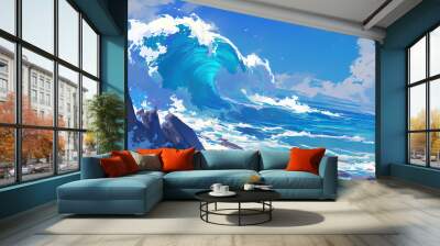 illustration of high waves. blue sea with strong waves close up Wall mural