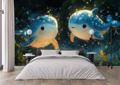 illustration of two cute baby whales swimming in the sea coral background Wall mural