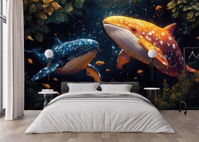 illustration of two cute baby whales swimming in the sea coral background Wall mural