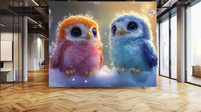 illustration of two cute colorful baby owls Wall mural