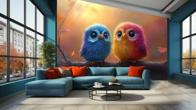 illustration of two cute colorful baby owls Wall mural